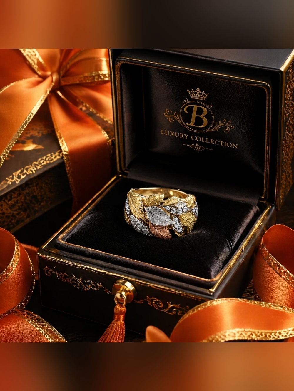 Tri-Color Leaf Band with Sparkling Accents - Gold, Silver, Rose - Picture 4 of 6